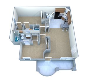 A 3D floor plan of a house with a kitchen, living room, and two bedrooms.